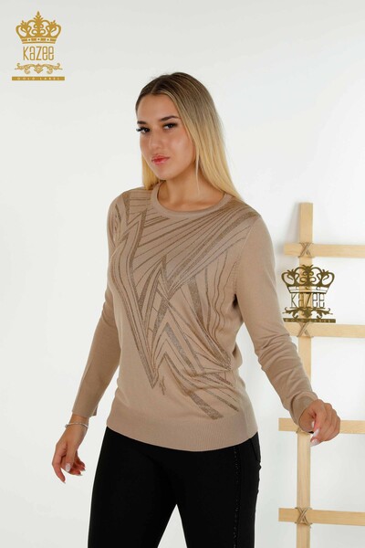 Großhandel Damen-Strickpullover - Rundhalsausschnitt - Beige - 30027 | KAZEE 