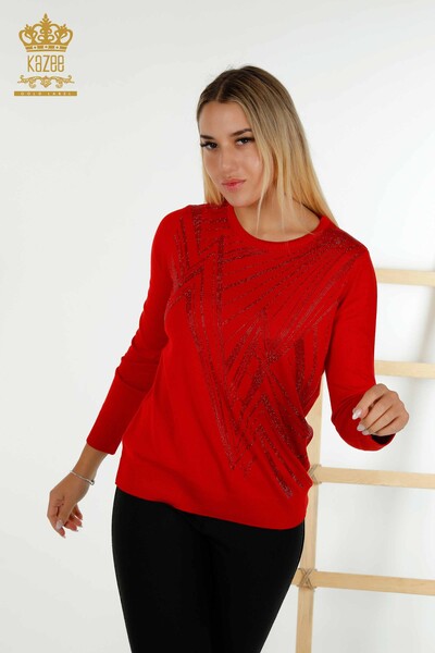 Großhandel Damen-Strickpullover - Rundhalsausschnitt - Rot - 30027 | KAZEE - 1