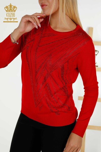 Großhandel Damen-Strickpullover - Rundhalsausschnitt - Rot - 30027 | KAZEE - 2