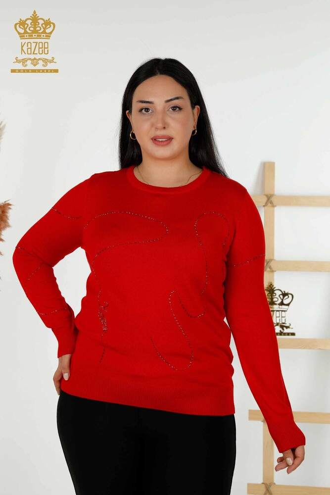 Großhandel Damen Strickpullover - Rundhalsausschnitt - Rot – 30157 | KAZEE - 1