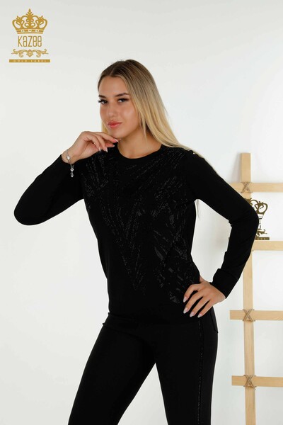 Großhandel Damen Strickpullover - Rundhalsausschnitt - Schwarz - 30027 | KAZEE - Thumbnail