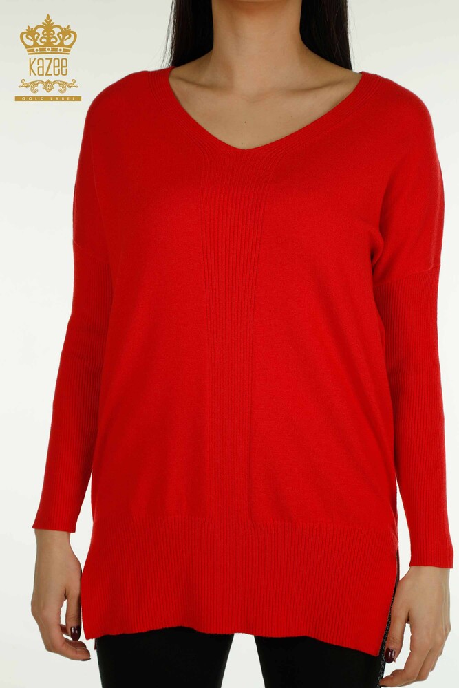 Großhandel Damen-Strickpullover - Schlitz detail - Rot - 30193 | KAZEE - 2