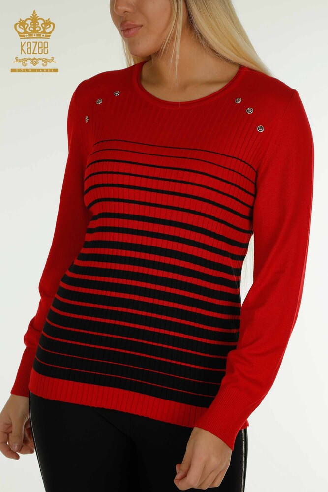 Großhandel Damen-Strickpullover - Schulter details - Rot-Schwarz - 30079 | KAZEE - 2