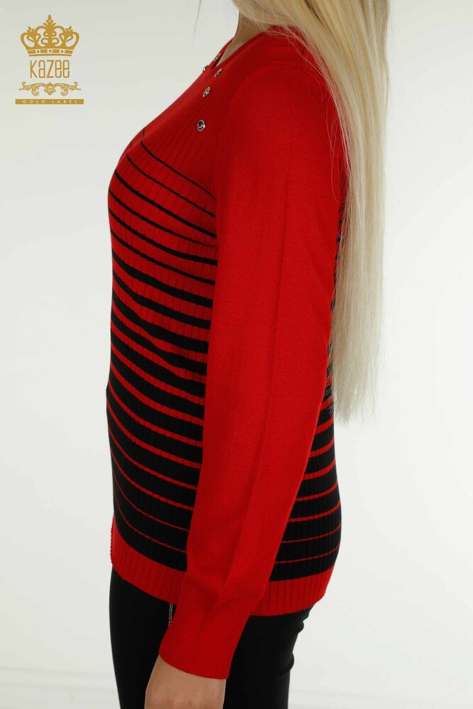 Großhandel Damen-Strickpullover - Schulter details - Rot-Schwarz - 30079 | KAZEE - 6