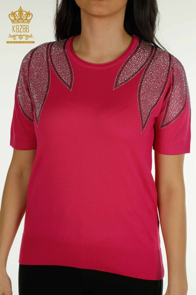 Großhandel Damen-Strickpullover - Schulter Stein bestickt - Fuchsia - 30792 | KAZEE - 2