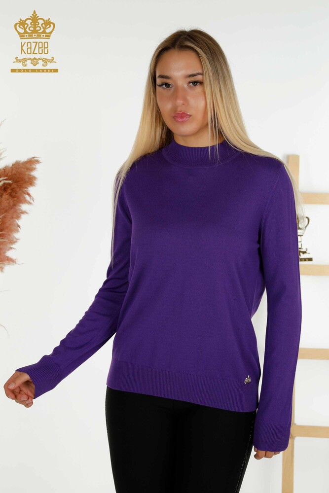 Großhandel Damen-Strickpullover mit Stehkragen Basic Lila - 16663 | KAZEE - 1