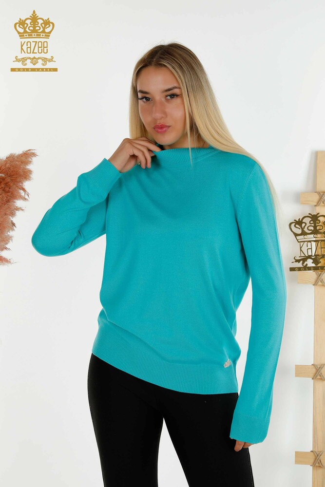 Großhandel Damen-Strickpullover mit Stehkragen Basic Türkis - 16663 | KAZEE - 1