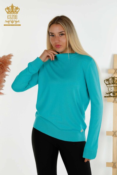 Großhandel Damen-Strickpullover mit Stehkragen Basic Türkis - 16663 | KAZEE 