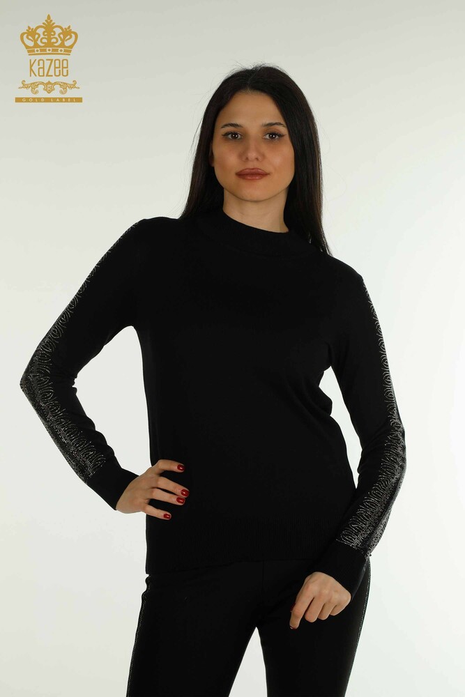 Großhandel Damen-Strickpullover - Stehkragen - Schwarz - 30564 | KAZEE - 1