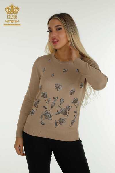 Großhandel Damen-Strickpullover - Stein bestickt - Beige - 30471 | KAZEE 