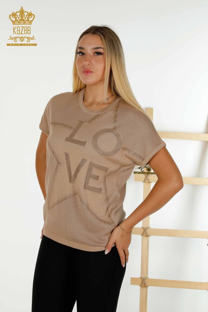 Großhandel Damen Strickpullover - Stein bestickt - Beige - 30501 | KAZEE - 1