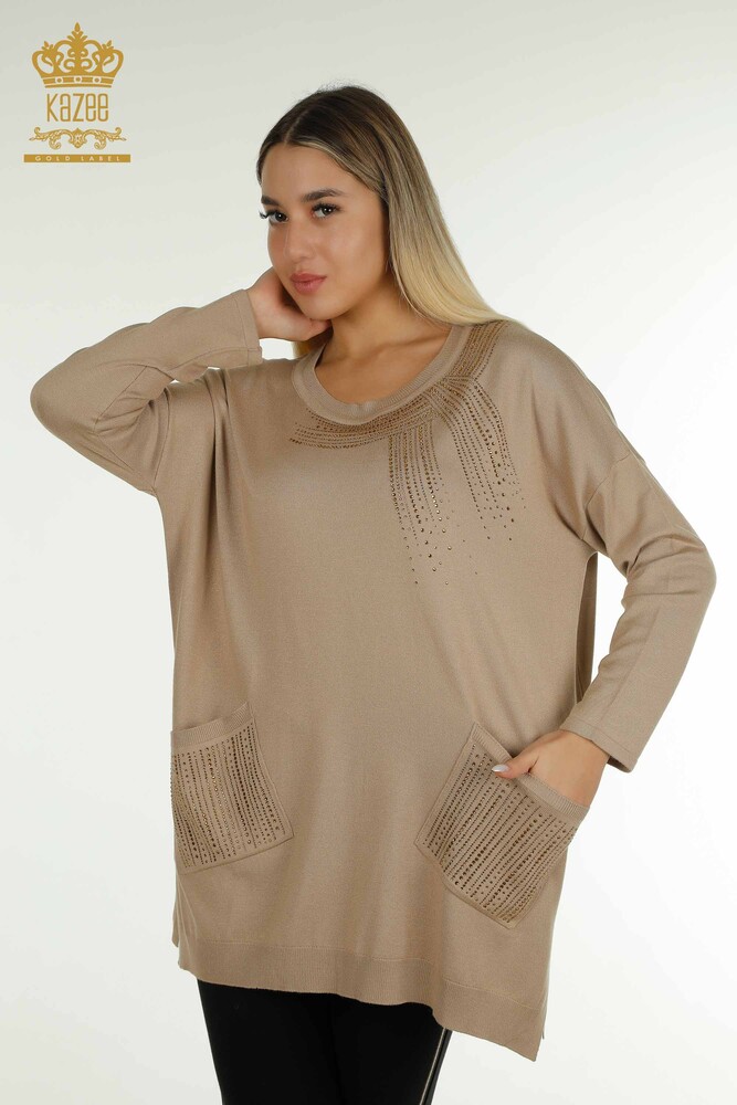 Großhandel Damen-Strickpullover - Stein bestickt - Beige - 30623 | KAZEE - 1