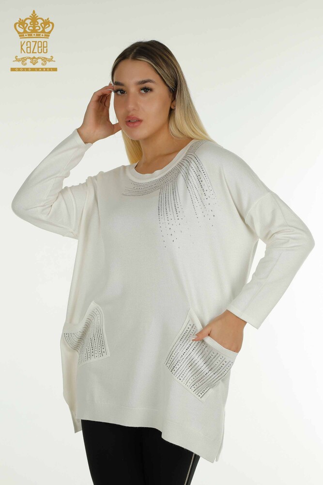 Großhandel Damen-Strickpullover - Stein bestickt - Ecru - 30623 | KAZEE - 1