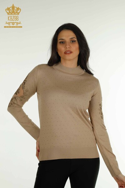 Großhandel Damen-Strickpullover - Bestickt - Beige - 30892 | KAZEE 