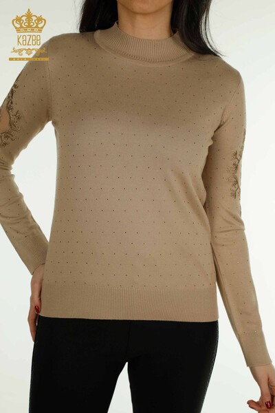 Großhandel Damen-Strickpullover - Bestickt - Beige - 30892 | KAZEE - 2