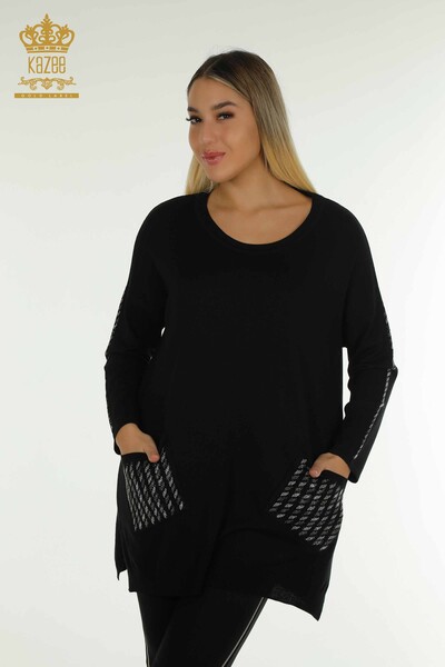 Großhandel Damen-Strickpullover - Taschen details - Schwarz - 30591 | KAZEE 