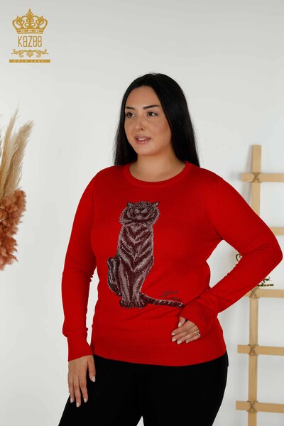 Großhandel Damen Strickpullover Tigermuster Rot - 30127 | KAZEE 