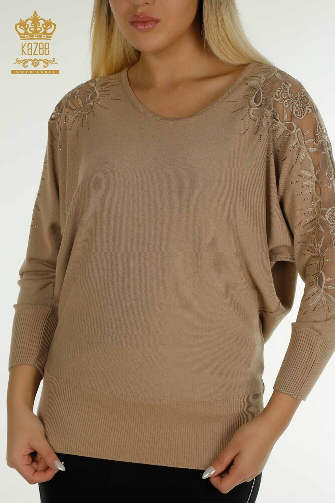 Großhandel Damen-Strickpullover - Tüll detailliert - Beige - 15699 | KAZEE - 2