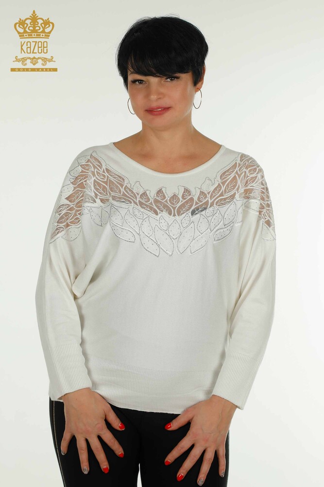 Großhandel Damen-Strickpullover - Tüll detailliert - Ecru - 16942 | KAZEE - 1