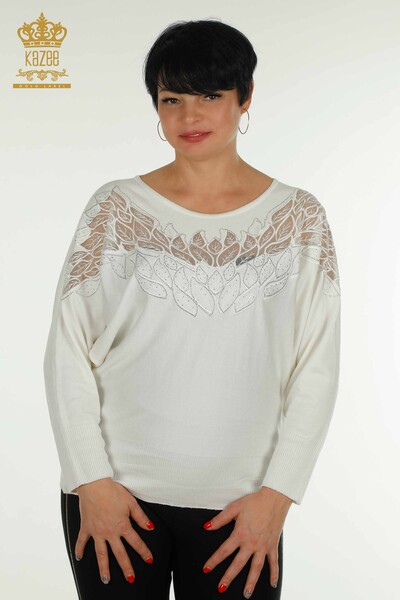 Großhandel Damen-Strickpullover - Tüll detailliert - Ecru - 16942 | KAZEE 