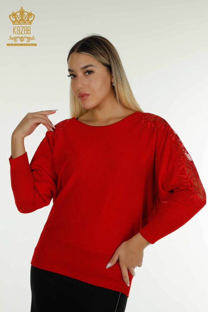 Großhandel Damen-Strickpullover - Tüll detailliert - Rot - 15699 | KAZEE - 1