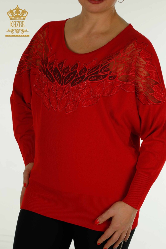 Großhandel Damen-Strickpullover - Tüll detailliert - Rot - 16942 | KAZEE - 2