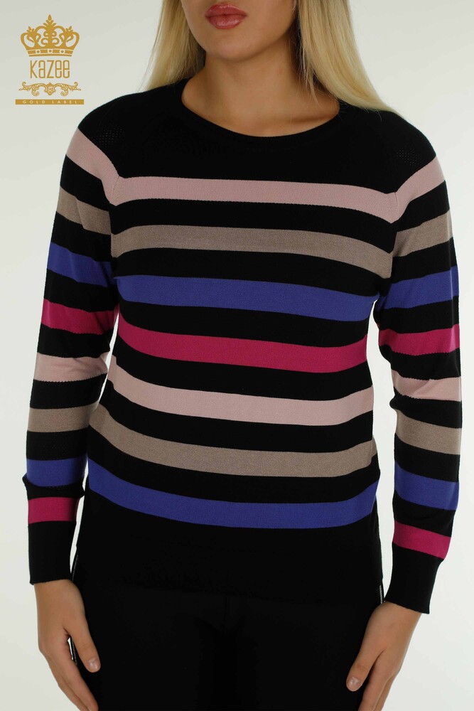 Großhandel Damen-Strickpullover - Zwei Farben - gestreift - Schwarz Fuchsia - 30786 | KAZEE - 2