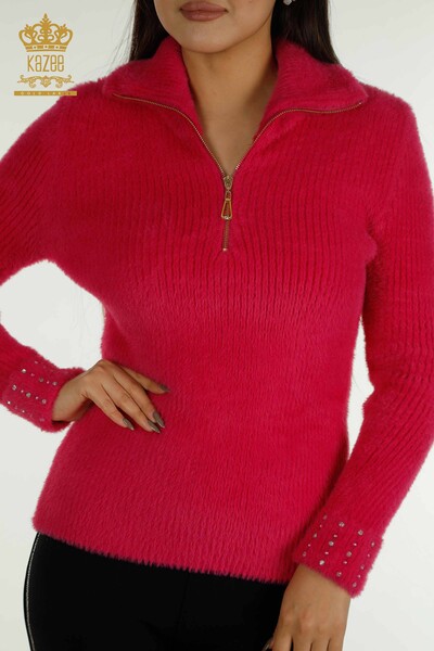 Großhandel Damen strickwaren - Angora - Perlen Stein bestickte - Fuchsia - 30769 | KAZEE - 2