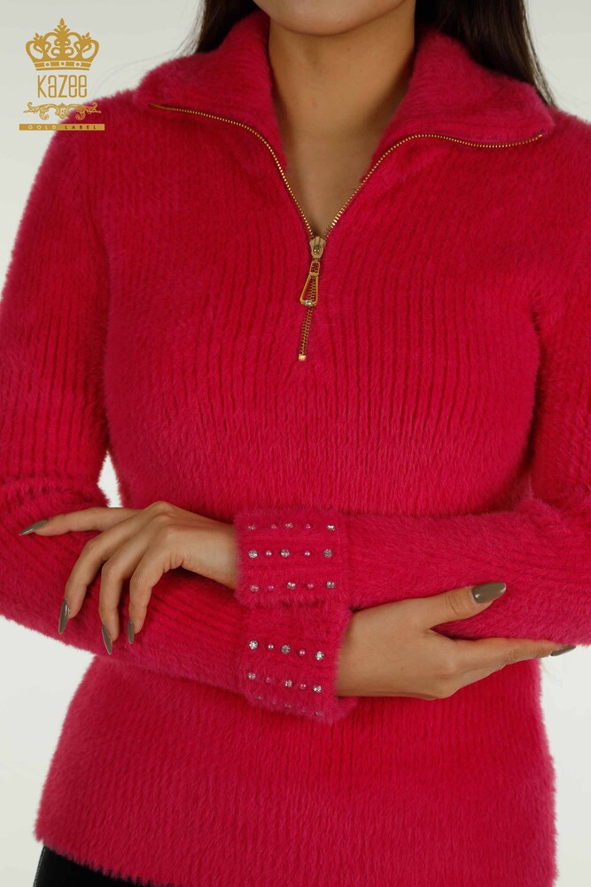 Großhandel Damen strickwaren - Angora - Perlen Stein bestickte - Fuchsia - 30769 | KAZEE - 7