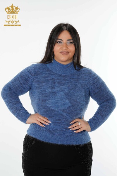 Kazee - Großhandel Damen Strickpullover Angora Stehkragen Blau - 19071 | KAZEE