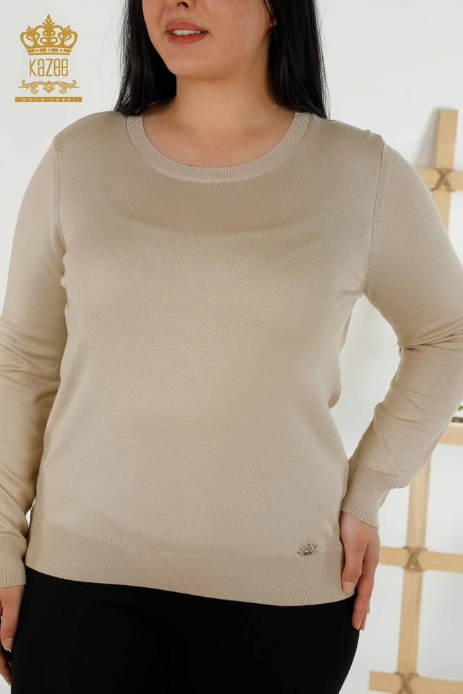 Großhandel Damen Strickpullover Basic Logo Hellbeige - 30213 | KAZEE - 2