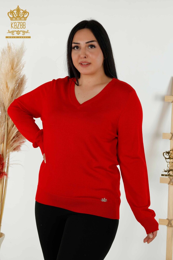 Großhandel Damen Strickpullover Basic Logo Rot - 30181 | KAZEE - 1