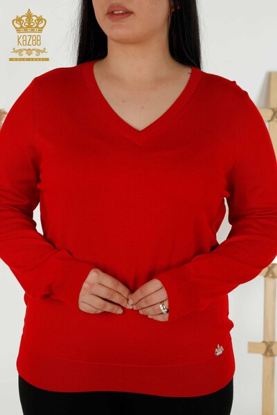 Großhandel Damen Strickpullover Basic Logo Rot - 30181 | KAZEE - 2