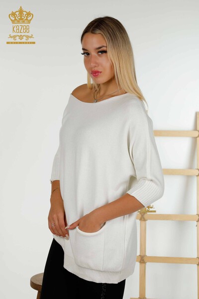 Damen-Strickpullover Basic Pocket Ecru im Großhandel - 30237 | KAZEE - Thumbnail