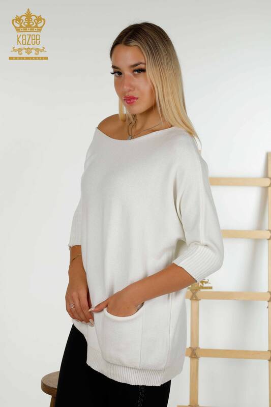 Damen-Strickpullover Basic Pocket Ecru im Großhandel - 30237 | KAZEE