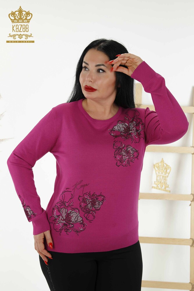 Großhandel Damen Strickpullover - Blumenmuster - Fuchsia - 30152 | KAZEE - 1