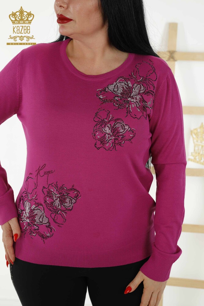 Großhandel Damen Strickpullover - Blumenmuster - Fuchsia - 30152 | KAZEE - 2