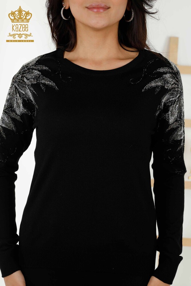 Großhandel Damen Strickpullover - Kristall Stein bestickt - Schwarz - 30210 | KAZEE - 3