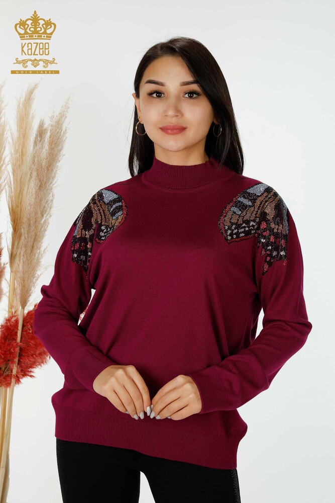 Großhandel Damen Strickpullover mit Schmetterling Muster Magenta-30004 / KAZEE - 1