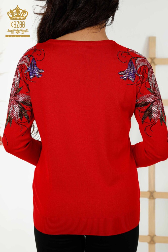 Großhandel Damen Pullover - Blumenstickerei auf der Schulter - Rot - 30188 | KAZEE - 6