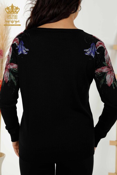 Großhandel Damen Pullover - Blumenstickerei auf der Schulter - Schwarz - 30188 | KAZEE - 6