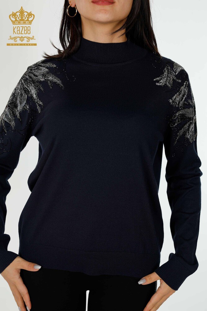 Großhandel Damen Strickwaren Pullover Schulter Floral Detaillierte Marineblau - 16597 | KAZEE - 2