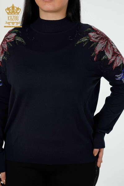 Großhandel Damen Strickwaren Pullover Schulter Floral Detailliert Navy - 30007 | KAZEE - 2