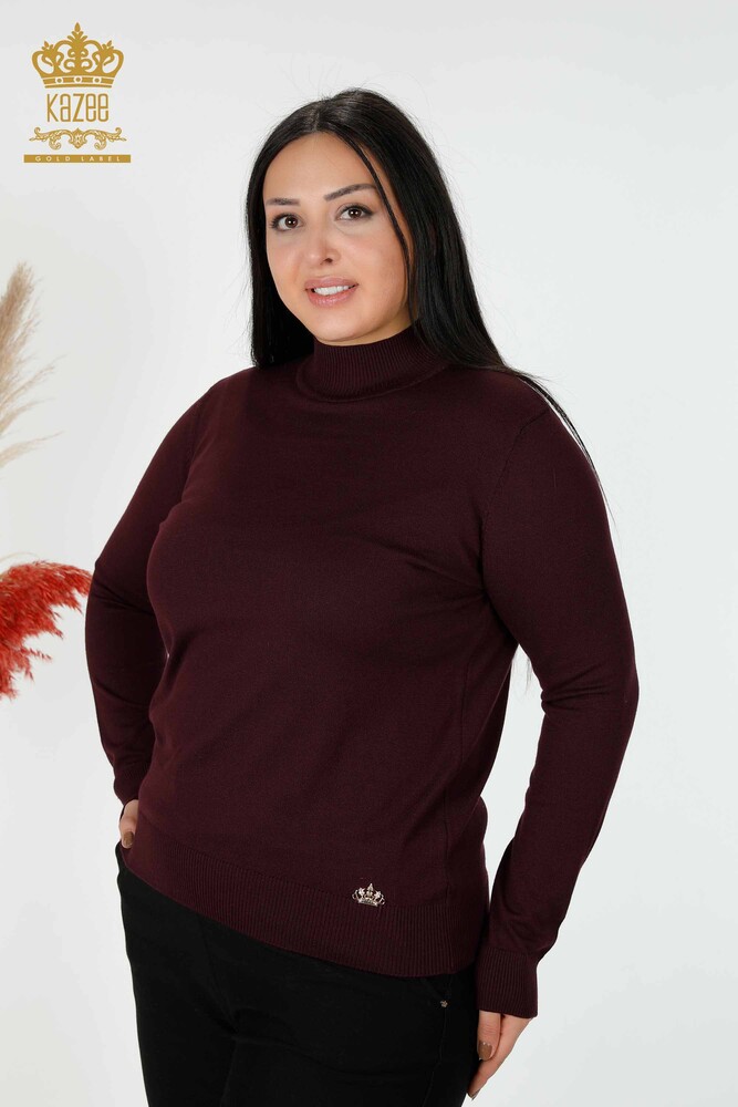 Großhandel Damen Strickwaren Pullover Hoher Kragen Basic Lila - 16663 | KAZEE - 1