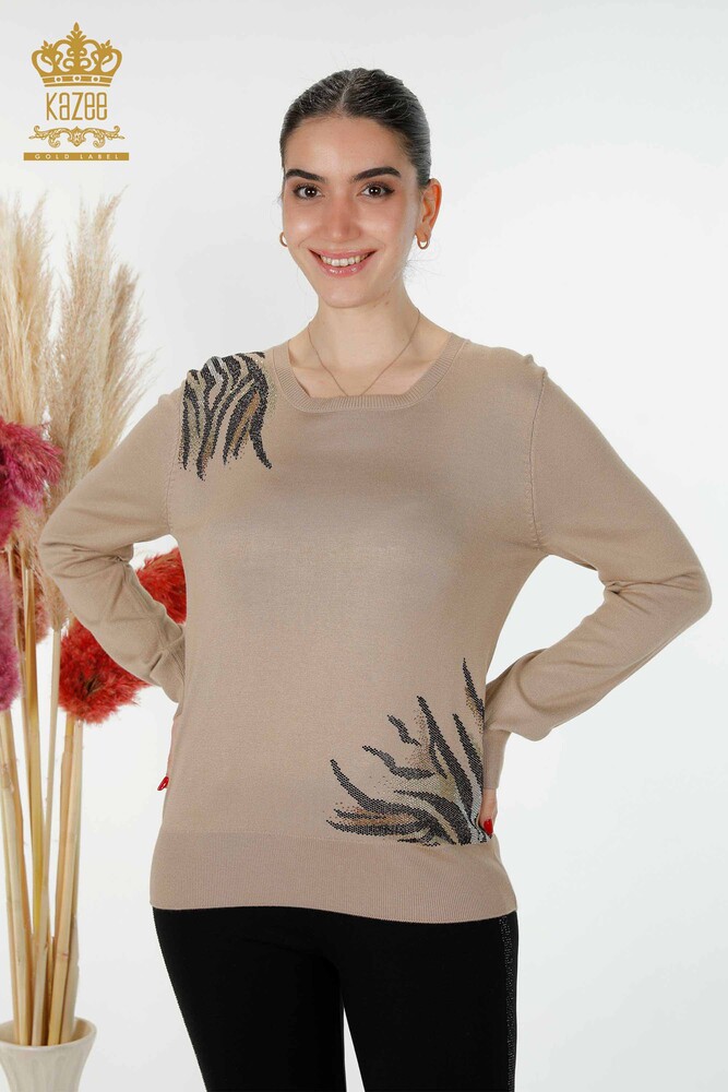 Großhandel Damen Strickpullover Stein bestickt Beige - 16940 | KAZEE - 1