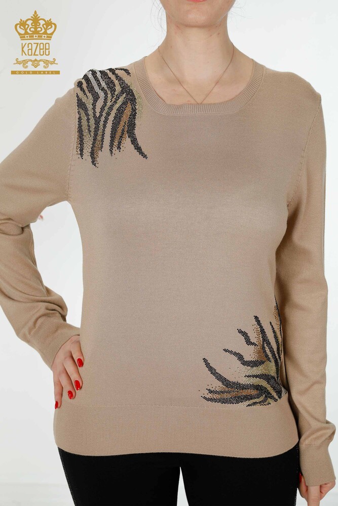 Großhandel Damen Strickpullover Stein bestickt Beige - 16940 | KAZEE - 2