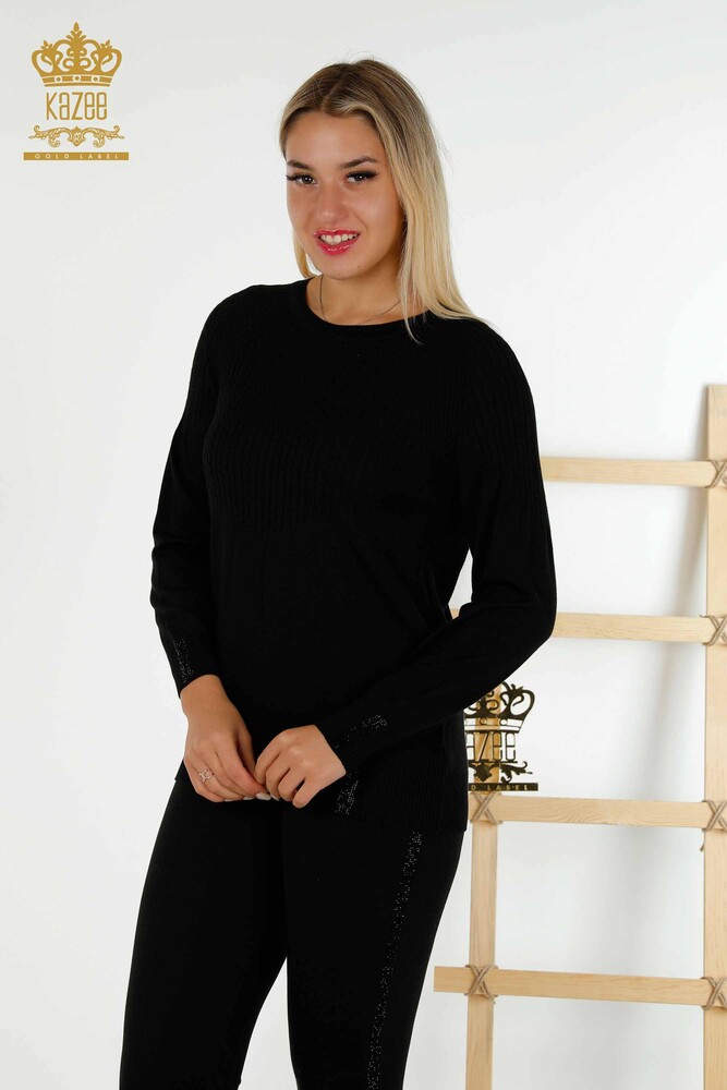 Großhandel Damen Strickpullover Stein bestickt Schwarz-30104 / KAZEE - 1