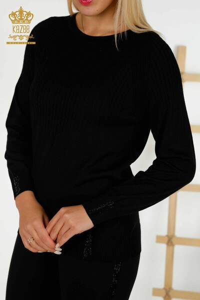 Großhandel Damen Strickpullover Stein bestickt Schwarz-30104 / KAZEE - 2