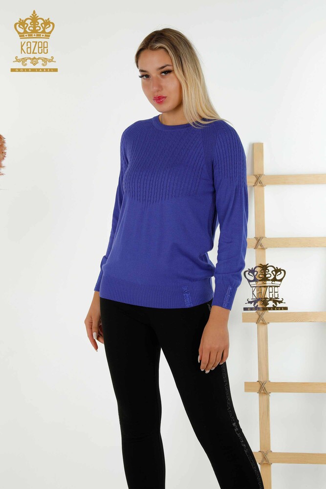 Großhandel Damen Strickpullover Stein bestickt Violett-30104 / KAZEE - 1