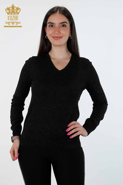 Großhandel Damen-Strickwaren mit V-Ausschnitt und glitzerndem Basic-Viskose-Langarmshirt – 15316 | KAZEE - 9